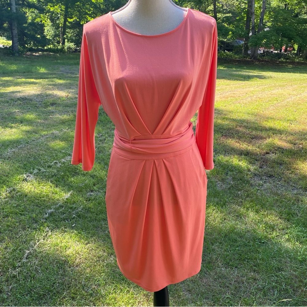 CATHERINE MALANDRINO DRESS 3/4 SLEEVE PEACH CORAL ATTACHED BELT POCKETS Size 4